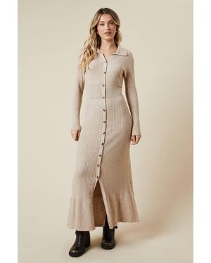 Oasis Pointelle Waist Detail Button Down Knitted Midi Dress - Natural