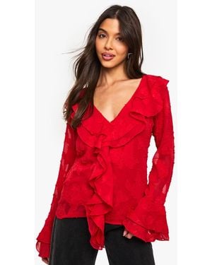 Boohoo Floral Texture Ruffle Blouse - Red