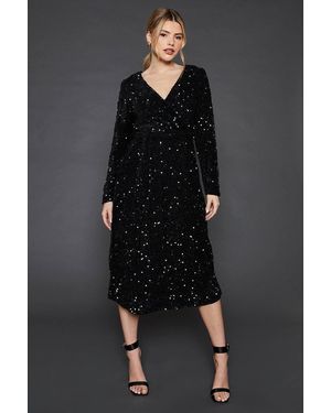 Dorothy Perkins Velvet Sequin Wrap Midi Dress - Black