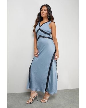 Oasis Petite Satin Contrast Lace Midi Slip Dress - Blue