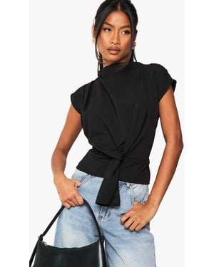 Boohoo Crepe Knot Cowl Neck Blouse - Black