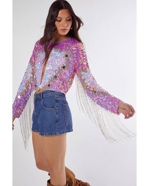 Nasty Gal Iridescent Embellished Star Tassel Jacket - Purple