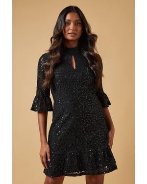 Oasis Occasion Sequin Lace High Neck Keyhole Mini Dress - Black