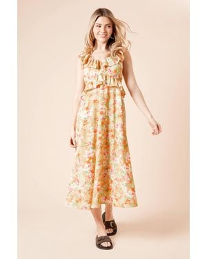 Dorothy Perkins Floral Frill Neckline Tie Back Midi Dress - Natural