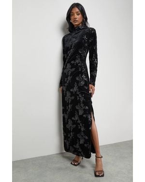 Warehouse Velvet Sequin High Neck Backless Midaxi Dress - Black