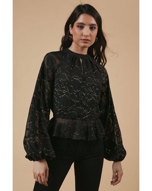 Oasis Chiffon Metallic Jacquard Keyhole Blouse - Black
