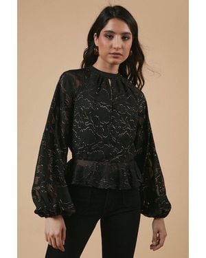 Oasis Chiffon Metallic Jacquard Keyhole Blouse - Black