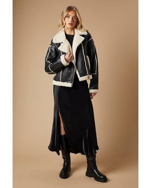 Oasis Pu Borg Detail Collared Zip Jacket - Black