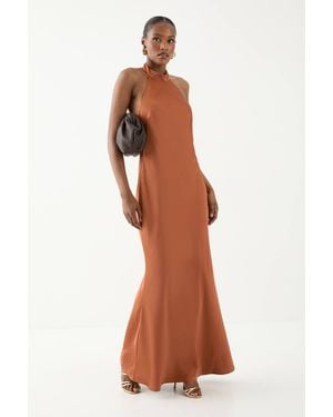 MissPap High Neck Satin Cowl Back Bridesmaid Dress - Brown