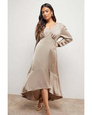 Oasis Petite Satin Puff Sleeve V Neck High Low Hem Midi Dress - Natural