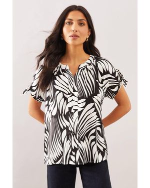 Wallis Abstract Tie Sleeve Collarless Top - Black
