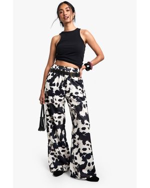 Boohoo Drawstring Cow Printed Wide Leg Pants - White