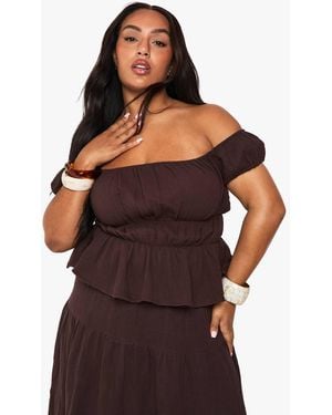 Boohoo Plus Cheesecloth Bardot Top - Brown