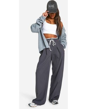 Boohoo Fray Hem Double Waistband Wide Leg Woven Pants - Blue
