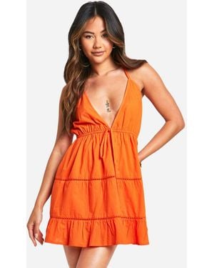 Boohoo Cotton Crochet Trim Mini Dress - Orange