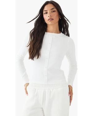 DSGN Studio Square Script Embroidered Rib Button Through Long Sleeve Top - White