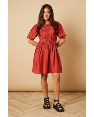 Oasis Petite Shirred Bodice Puff Sleeve Mini Dress - Orange