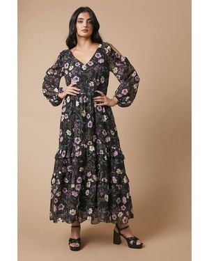 Oasis Occasion Floral Printed Metallic Cold Shoulder Midaxi Dress - Black