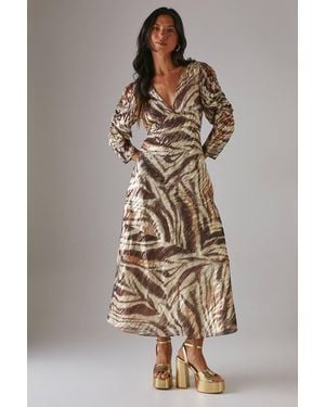 Warehouse Metallic Jacquard Ruched Sleeve Plunge Neck Bias Midi Dress - Brown