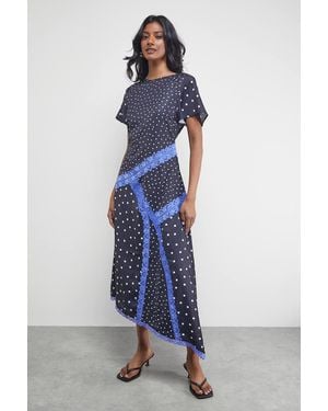 Oasis Satin Lace Paneled Asymmetric Midi Dress - Blue