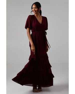 Oasis V Neck Puff Sleeve Tiered Georgette Bridesmaid Dress