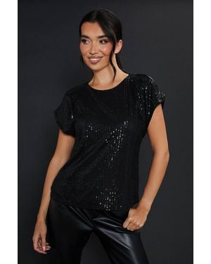 Dorothy Perkins Sequin Keyhole Shoulder Short Sleeve Top - Black