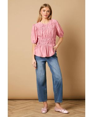 Oasis Shirred Bodice Puff Sleeve Top - Pink