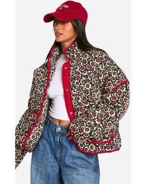 Boohoo Petite Floral Padded Jacket - Red
