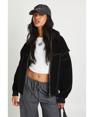 Boohoo Petite Faux Suede Contrast Stitch Bomber Jacket - Black