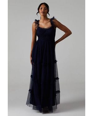 Oasis Flutter Sleeve Tiered Mesh Bridesmaid Dress - Blue