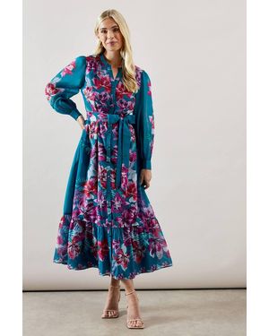 Wallis Petite Floral Organza Collarless Shirt Dress - Blue