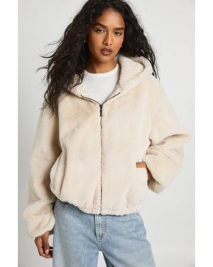 Boohoo Fur Hooded Bomber Jacket - Natural