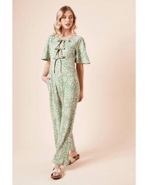 Dorothy Perkins Ditsy Bow Tie Front Angel Sleeve Jersey Jumpsuit - Natural