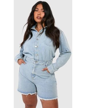 Boohoo Plus Washed Denim Playsuit - Blue