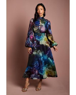 Coast Long Sleeve Scallop Cut Out Detail Organza Midi Dress - Blue