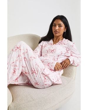 Boohoo Bow Print Long Sleeve Shirt & Pants Pyjama Set - Pink
