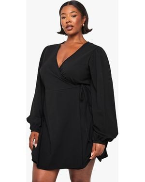 Boohoo Plus Balloon Sleeve Wrap Dress - Black