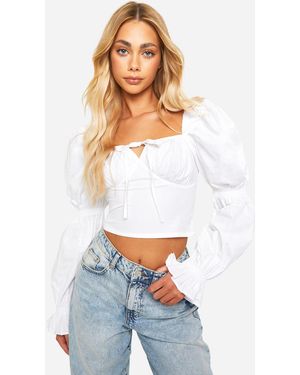 Boohoo Cotton Poplin Puff Sleeve Tie Corset - White