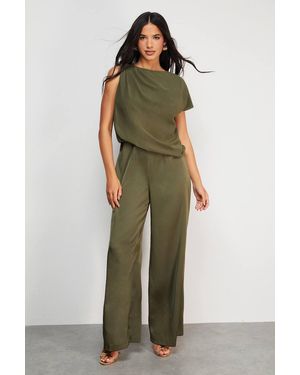 Warehouse Satin Chiffon Mix One Shoulder Drape Jumpsuit - Green