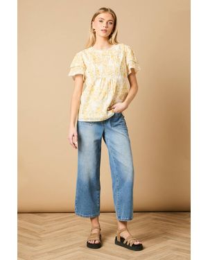 Oasis Frill Shoulder Crew Neck Blouse - Blue