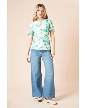 Dorothy Perkins Floral Keyhole Ruched Front Angel Sleeve Mesh Jersey Top - Blue