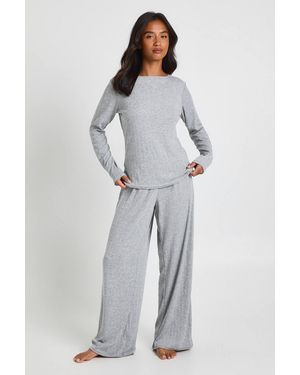 Boohoo Petite Pointelle Long Sleeve Top And Wide Leg Trouser Pajama Set - Gray