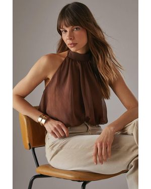 Warehouse Chiffon Halter Bubble Crop Top - Brown
