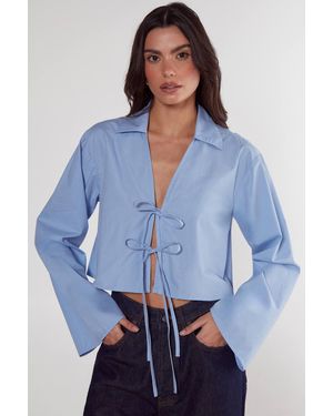 Nasty Gal Cotton Tie Front Collared Wide Cuff Shirt - Blue