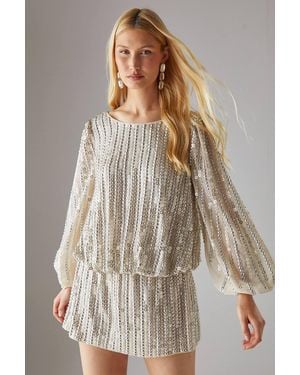 Warehouse Hen Hand Embellished Sequin Slash Neck Blouson Mini Dress - Brown