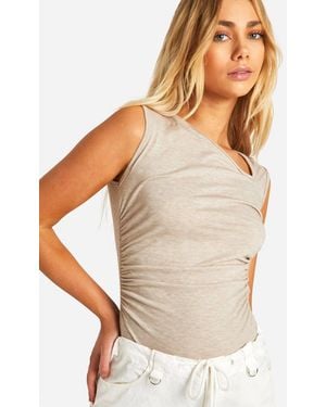 Boohoo Asymmetric Sleeveless Marl Bodysuit - White