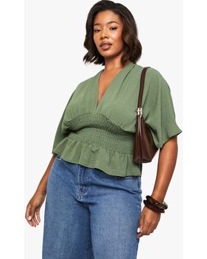Boohoo Plus Cinched Waist Blouson Top - Green