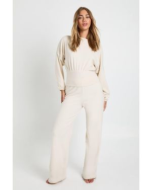 Boohoo Brushed Micro Rib Cinched Waist Long Sleeve Top And Trouser Co Ord - Natural