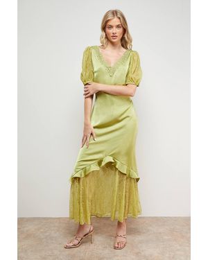 Oasis Plain Lace Frill Detail Puff Sleeve Midi Dress - Yellow