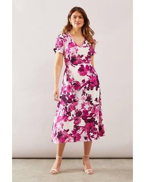 Wallis Floral Puff Sleeve Midi Dress - Pink
